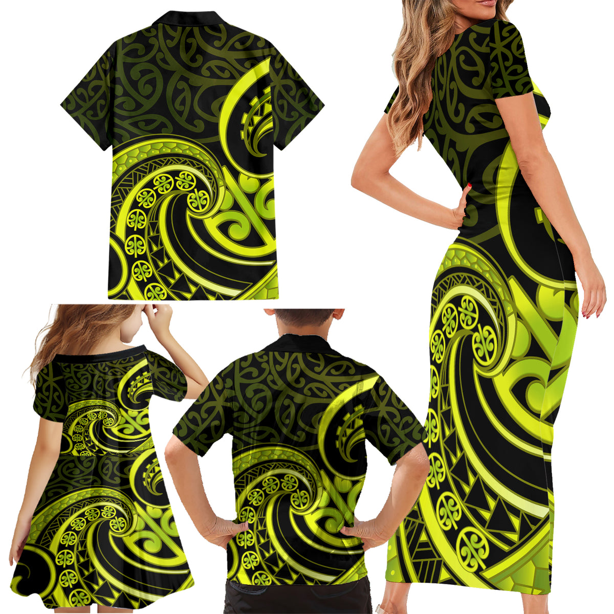 Lime Green New Zealand Mangopare Family Matching Short Sleeve Bodycon Dress and Hawaiian Shirt Aotearoa Maori Koru Style LT14 - Polynesian Pride