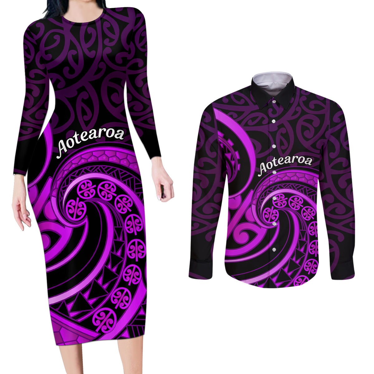 Purple Aotearoa Mangopare Couples Matching Long Sleeve Bodycon Dress and Long Sleeve Button Shirt NZ Maori Koru Style LT14 Purple - Polynesian Pride