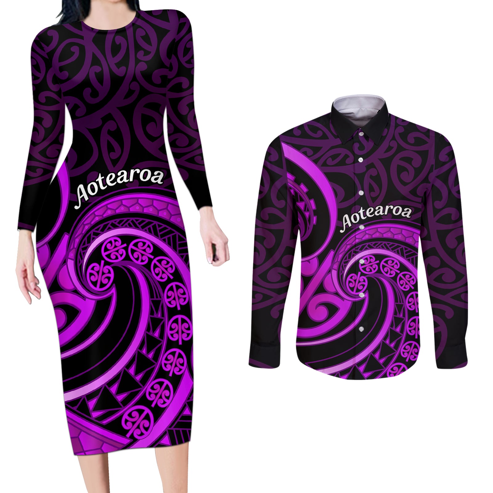 Purple Aotearoa Mangopare Couples Matching Long Sleeve Bodycon Dress and Long Sleeve Button Shirt NZ Maori Koru Style LT14 Purple - Polynesian Pride