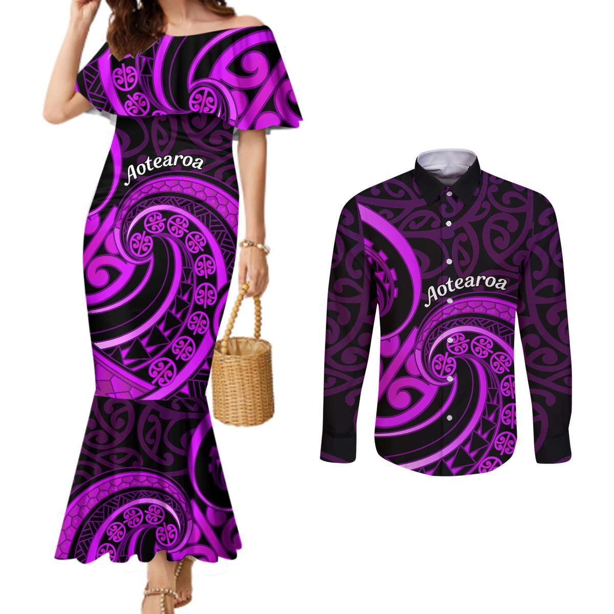 Purple Aotearoa Mangopare Couples Matching Mermaid Dress and Long Sleeve Button Shirt NZ Maori Koru Style LT14 Purple - Polynesian Pride