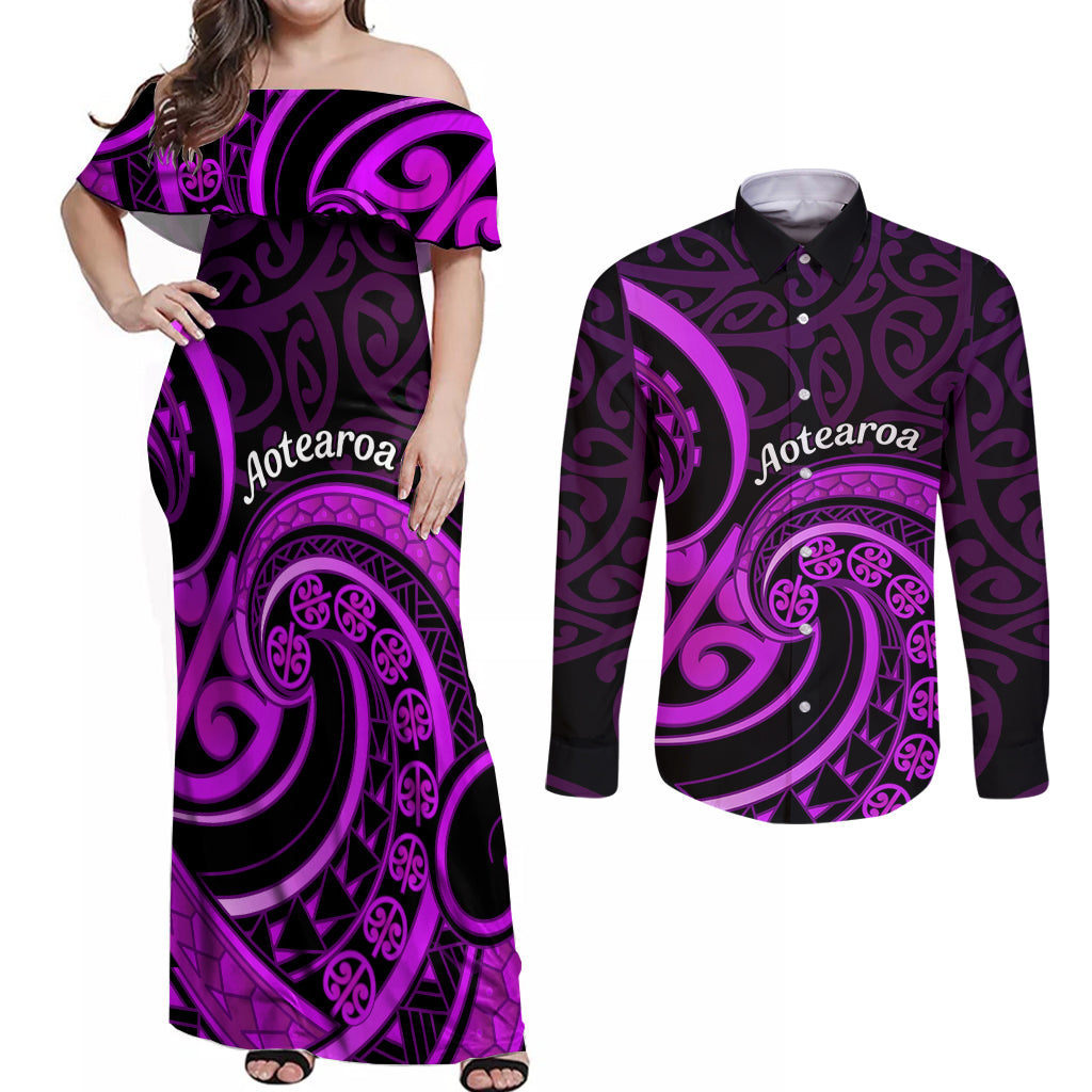 Purple Aotearoa Mangopare Couples Matching Off Shoulder Maxi Dress and Long Sleeve Button Shirt NZ Maori Koru Style LT14 Purple - Polynesian Pride