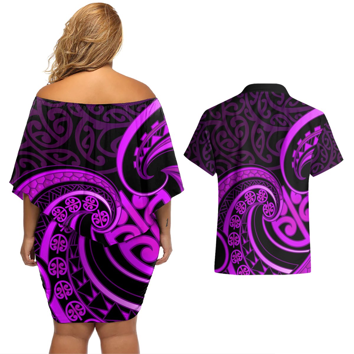 Purple Aotearoa Mangopare Couples Matching Off Shoulder Short Dress and Hawaiian Shirt NZ Maori Koru Style LT14 - Polynesian Pride