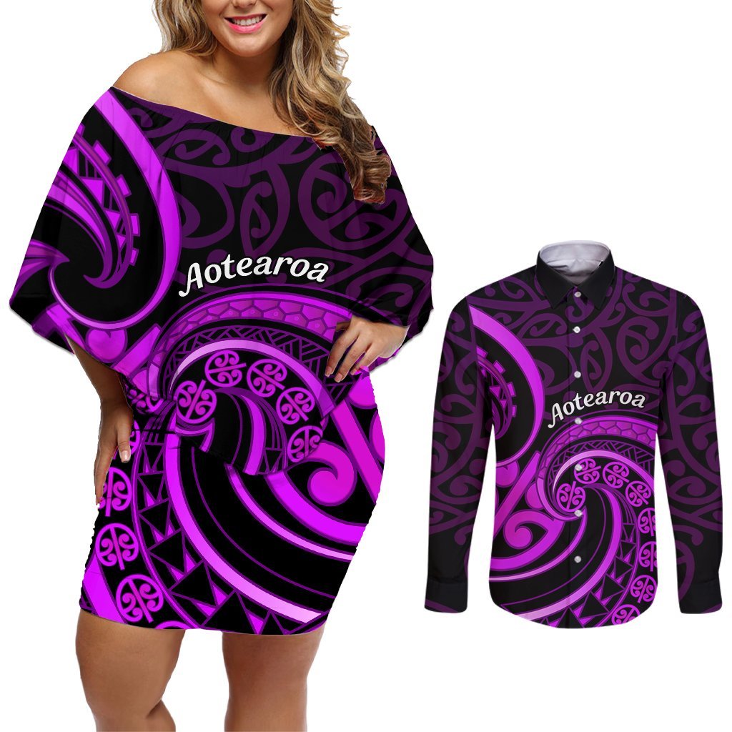Purple Aotearoa Mangopare Couples Matching Off Shoulder Short Dress and Long Sleeve Button Shirt NZ Maori Koru Style LT14 Purple - Polynesian Pride
