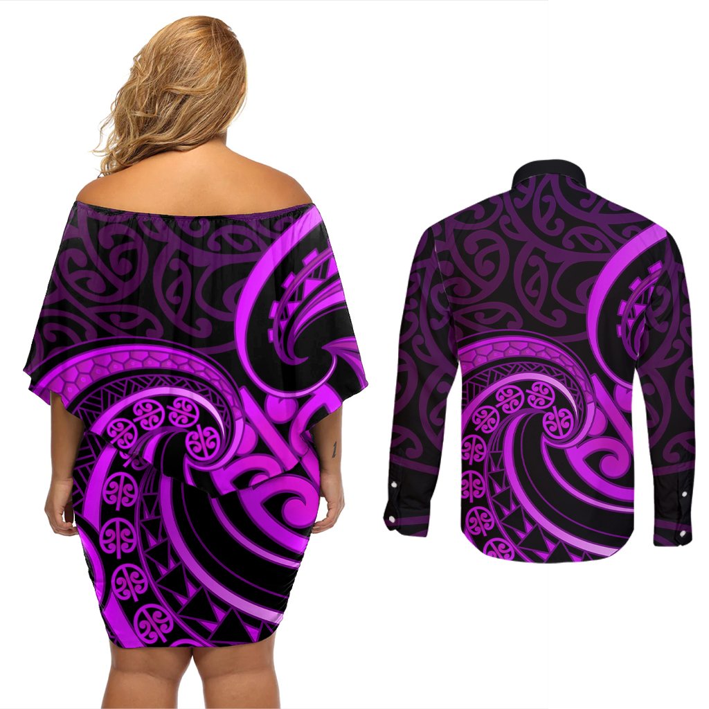 Purple Aotearoa Mangopare Couples Matching Off Shoulder Short Dress and Long Sleeve Button Shirt NZ Maori Koru Style LT14 - Polynesian Pride