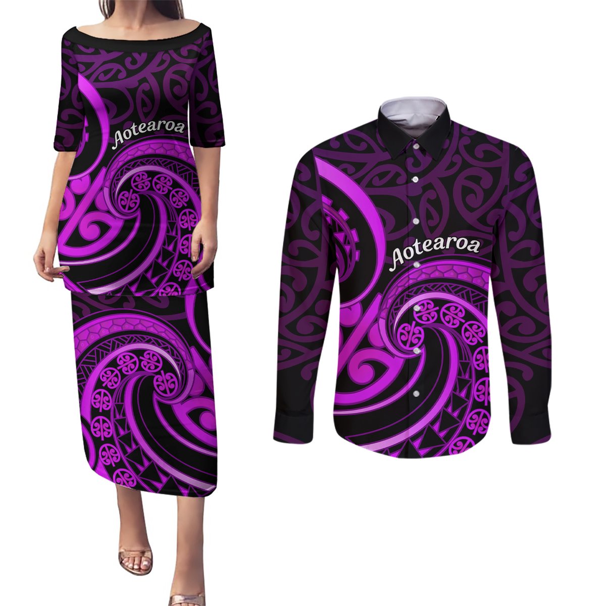 Purple Aotearoa Mangopare Couples Matching Puletasi and Long Sleeve Button Shirt NZ Maori Koru Style LT14 Purple - Polynesian Pride