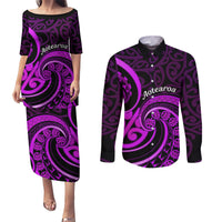 Purple Aotearoa Mangopare Couples Matching Puletasi and Long Sleeve Button Shirt NZ Maori Koru Style LT14 Purple - Polynesian Pride