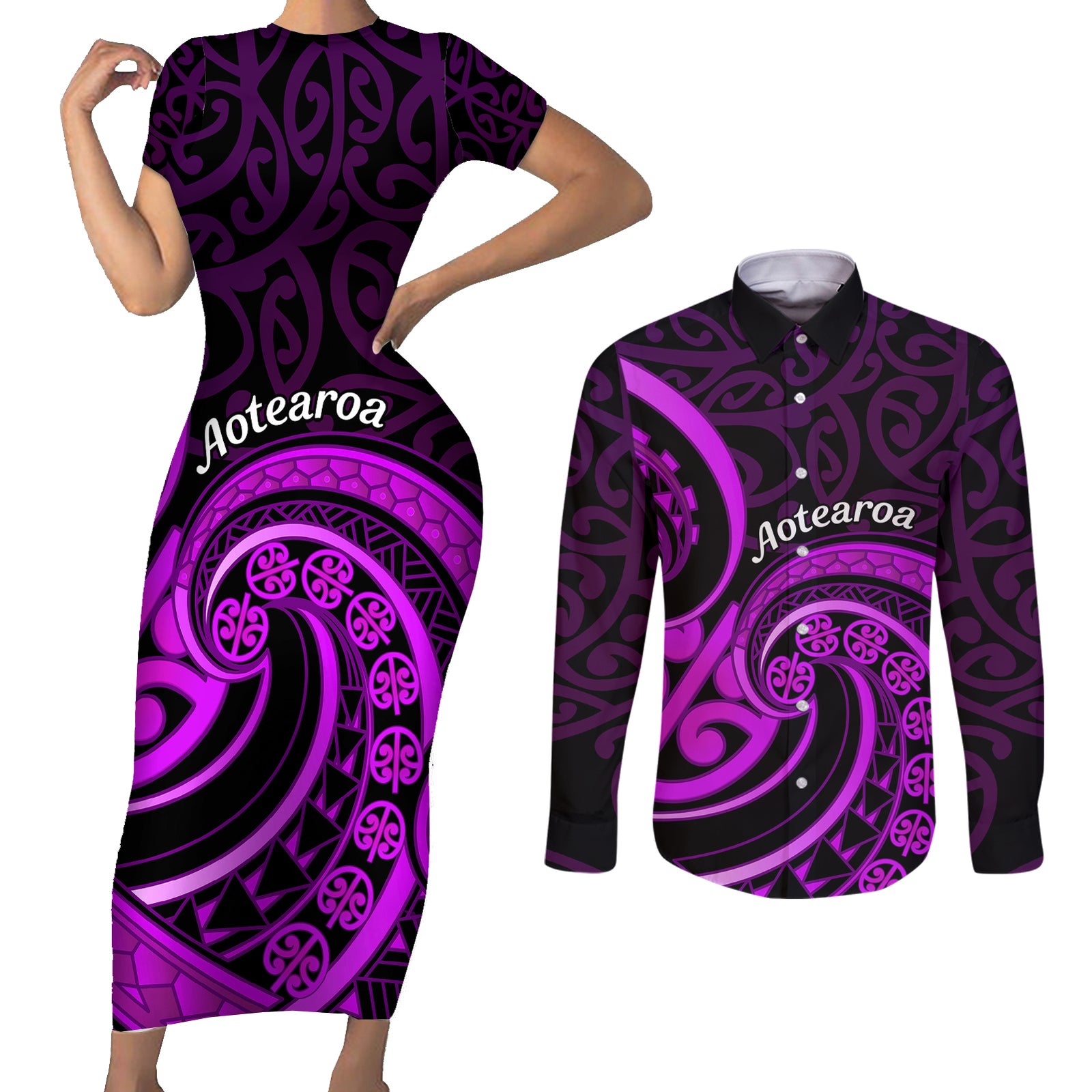 Purple Aotearoa Mangopare Couples Matching Short Sleeve Bodycon Dress and Long Sleeve Button Shirt NZ Maori Koru Style LT14 Purple - Polynesian Pride