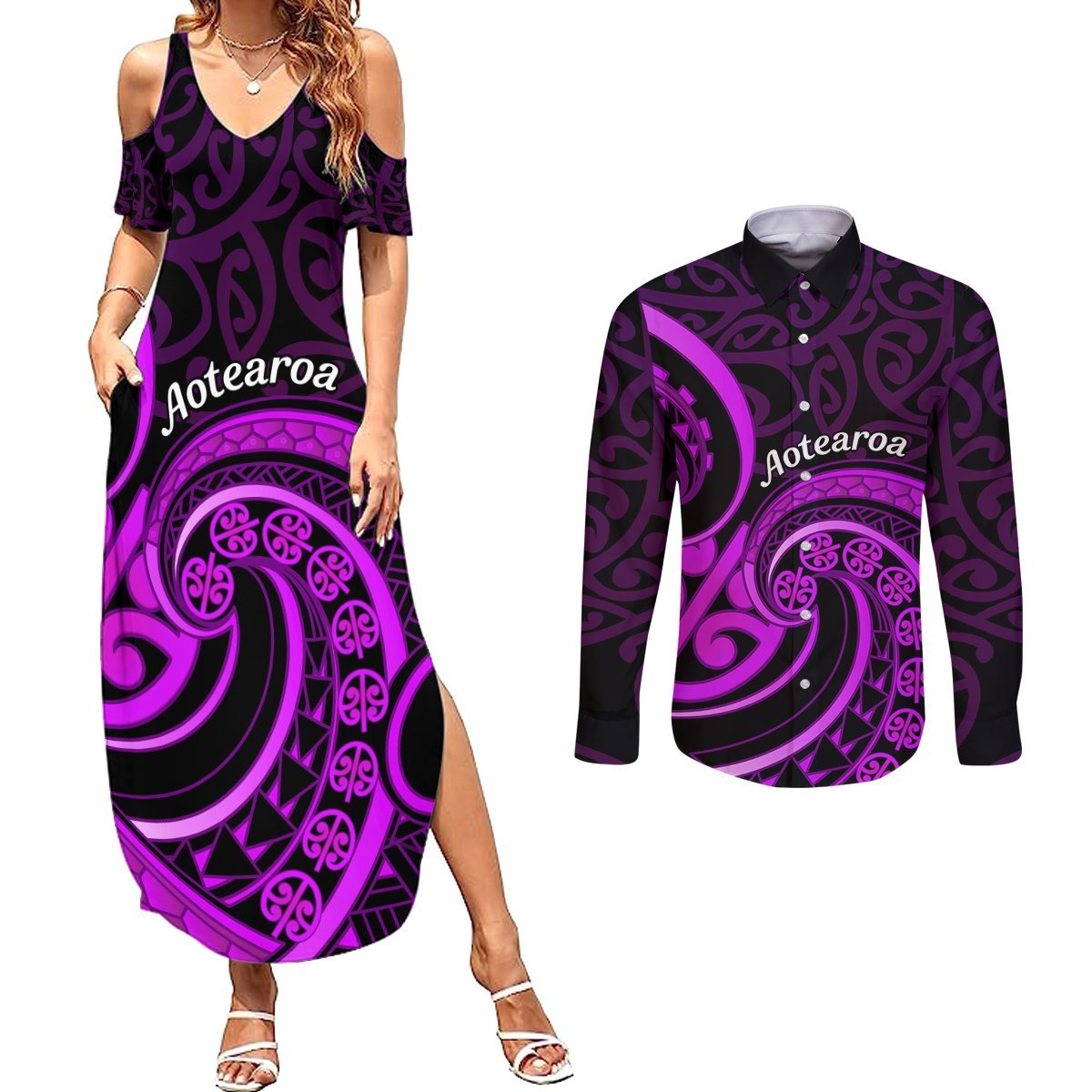 Purple Aotearoa Mangopare Couples Matching Summer Maxi Dress and Long Sleeve Button Shirt NZ Maori Koru Style LT14 Purple - Polynesian Pride