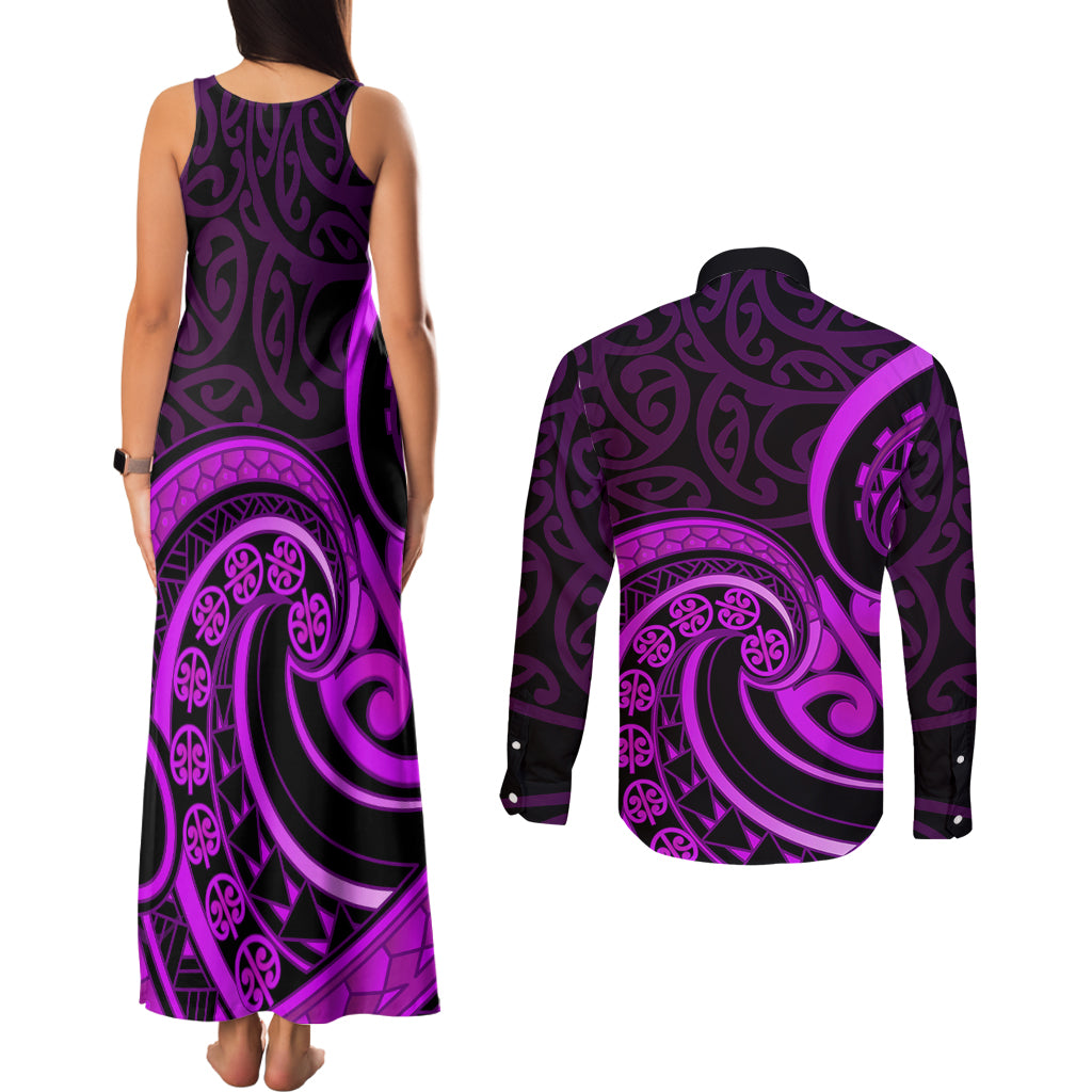 Purple Aotearoa Mangopare Couples Matching Tank Maxi Dress and Long Sleeve Button Shirt NZ Maori Koru Style LT14 - Polynesian Pride