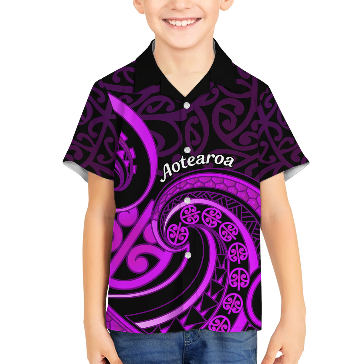 Purple Aotearoa Mangopare Family Matching Off Shoulder Short Dress and Hawaiian Shirt NZ Maori Koru Style LT14 Son's Shirt Purple - Polynesian Pride