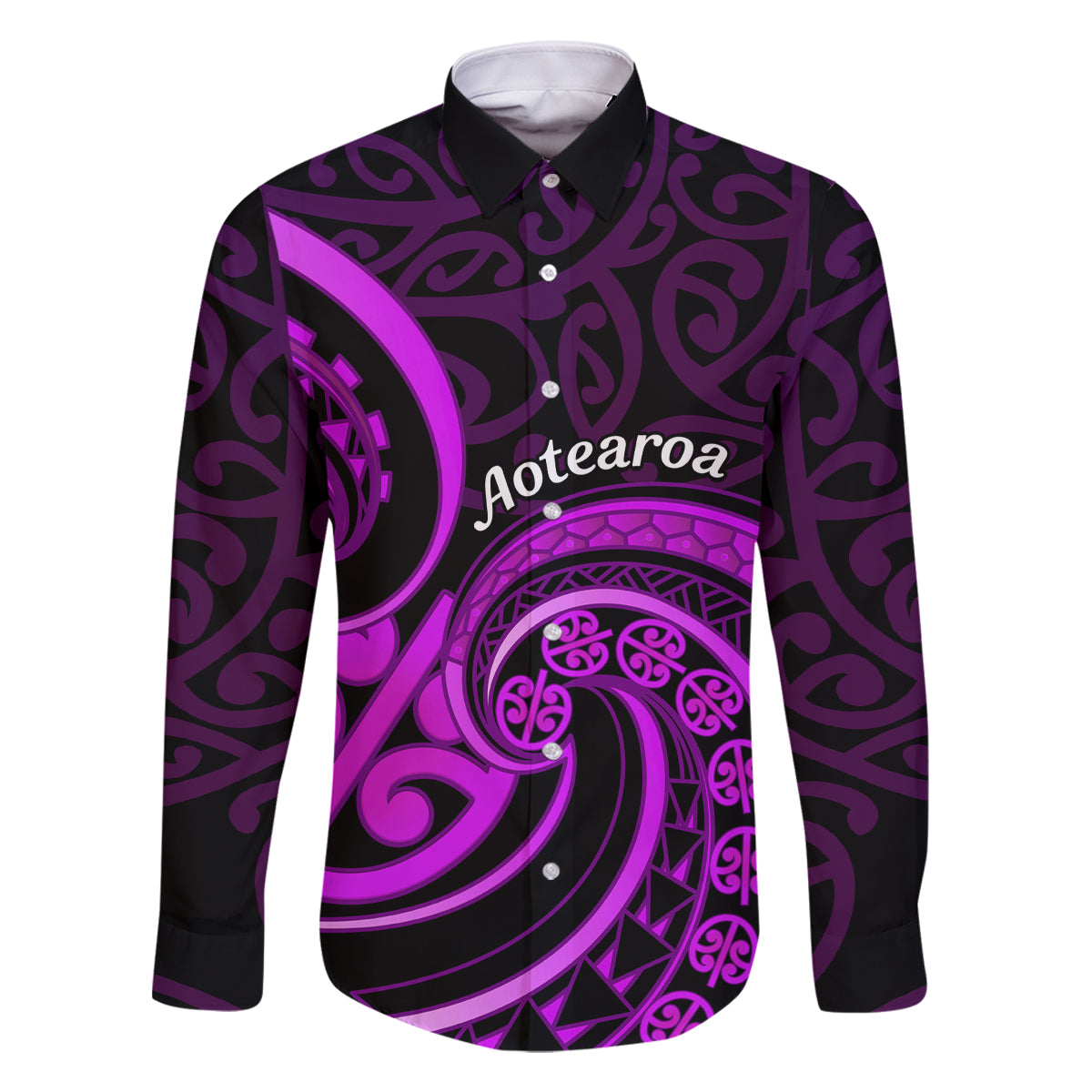 Purple Aotearoa Mangopare Family Matching Summer Maxi Dress and Hawaiian Shirt NZ Maori Koru Style LT14 Dad's Shirt - Long Sleeve Purple - Polynesian Pride