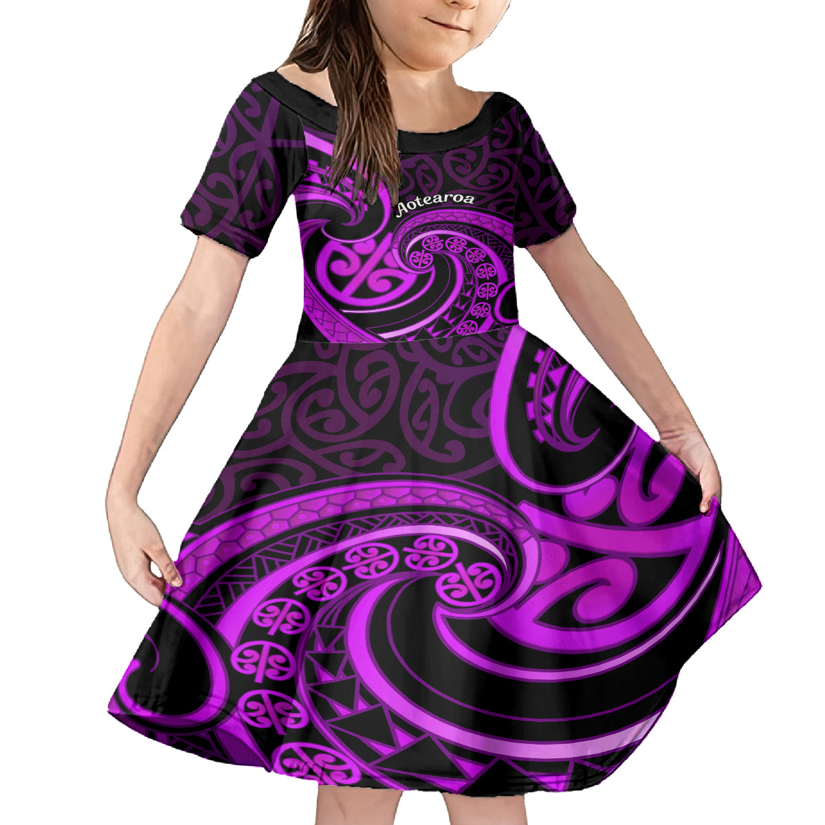Purple Aotearoa Mangopare Kid Short Sleeve Dress NZ Maori Koru Style LT14 KID Purple - Polynesian Pride