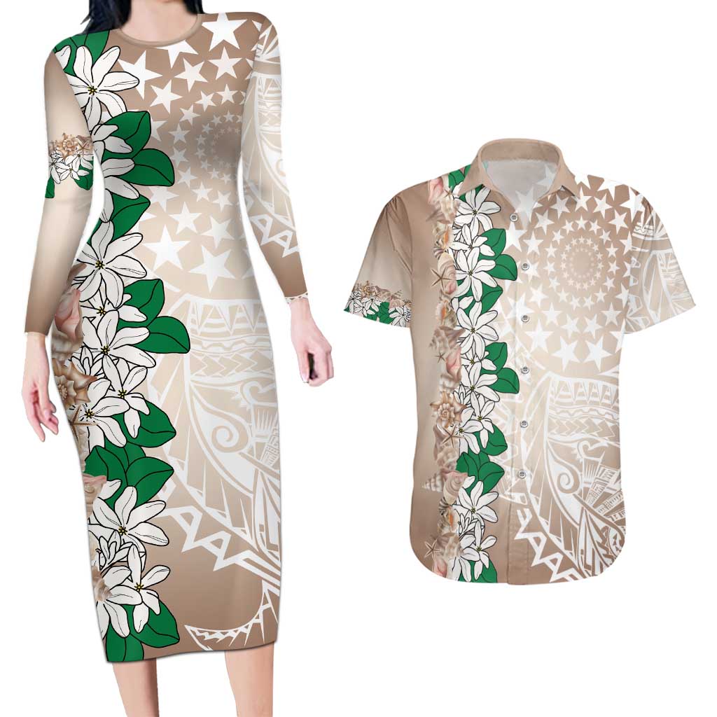 Cook Islands Tiare Maori With Conch Shell Couples Matching Long Sleeve Bodycon Dress and Hawaiian Shirt 2025 Pasifika Polynesian Tattoo