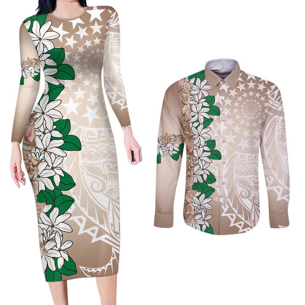 Cook Islands Tiare Maori With Conch Shell Couples Matching Long Sleeve Bodycon Dress and Long Sleeve Button Shirt 2025 Pasifika Polynesian Tattoo