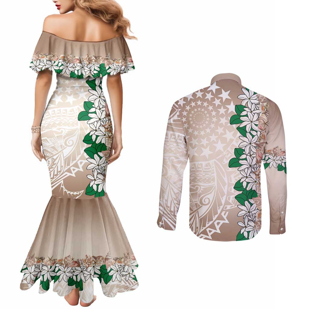 Cook Islands Tiare Maori With Conch Shell Couples Matching Mermaid Dress and Long Sleeve Button Shirt 2025 Pasifika Polynesian Tattoo