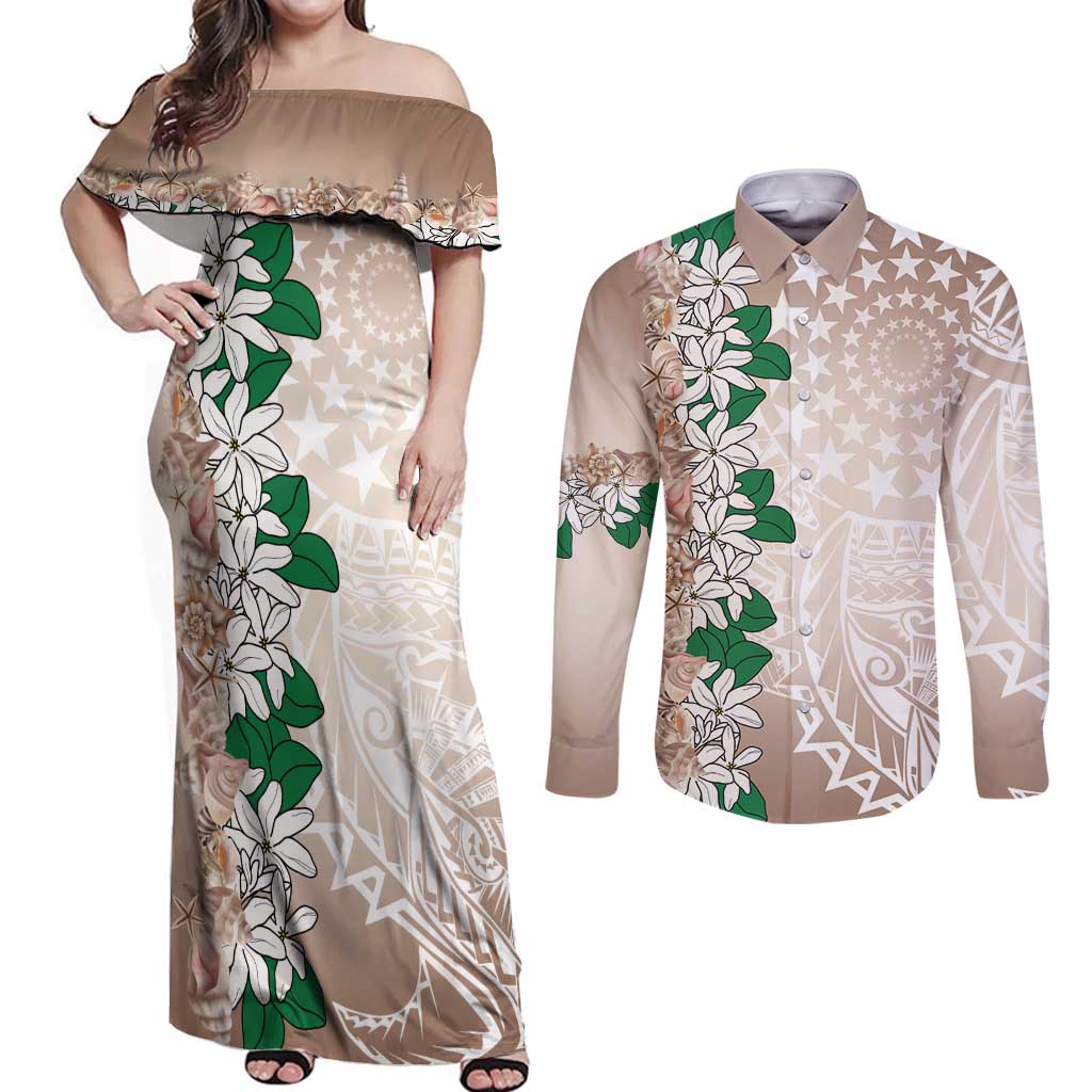 Cook Islands Tiare Maori With Conch Shell Couples Matching Off Shoulder Maxi Dress and Long Sleeve Button Shirt 2025 Pasifika Polynesian Tattoo