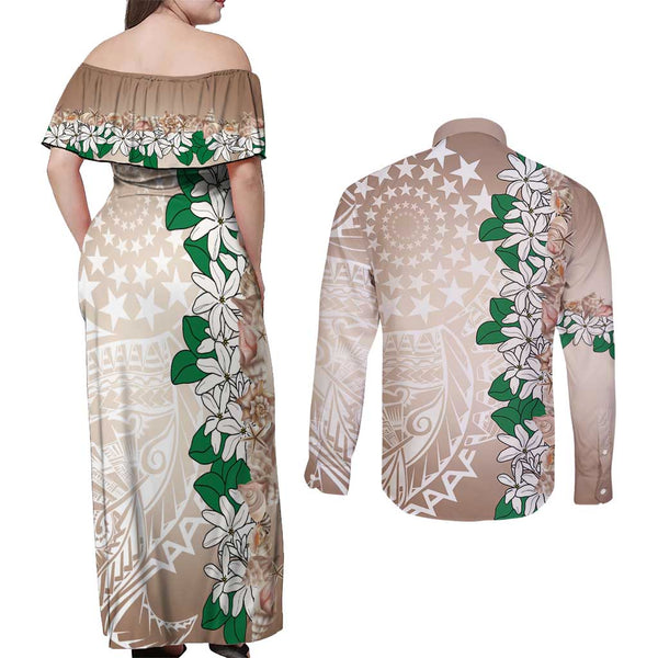 Polynesian Hawaii Couples Off Shoulder Maxi Dress and Long Sleeve Button Shirts Molokai Islands with Pacific Plumeria Purple Vibe LT9 main image 1