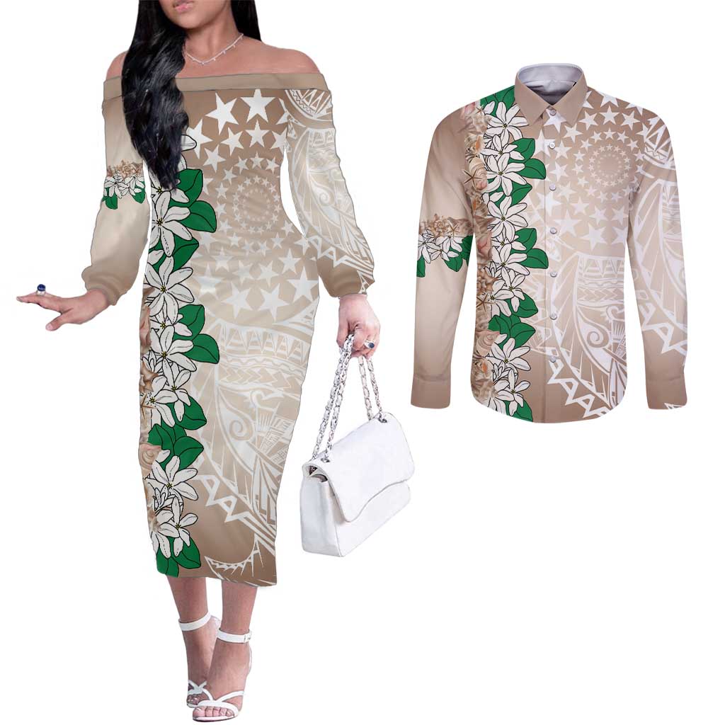 Cook Islands Tiare Maori With Conch Shell Couples Matching Off The Shoulder Long Sleeve Dress and Long Sleeve Button Shirt 2025 Pasifika Polynesian Tattoo