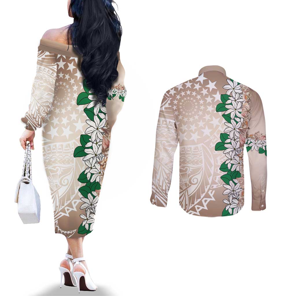 Cook Islands Tiare Maori With Conch Shell Couples Matching Off The Shoulder Long Sleeve Dress and Long Sleeve Button Shirt 2025 Pasifika Polynesian Tattoo