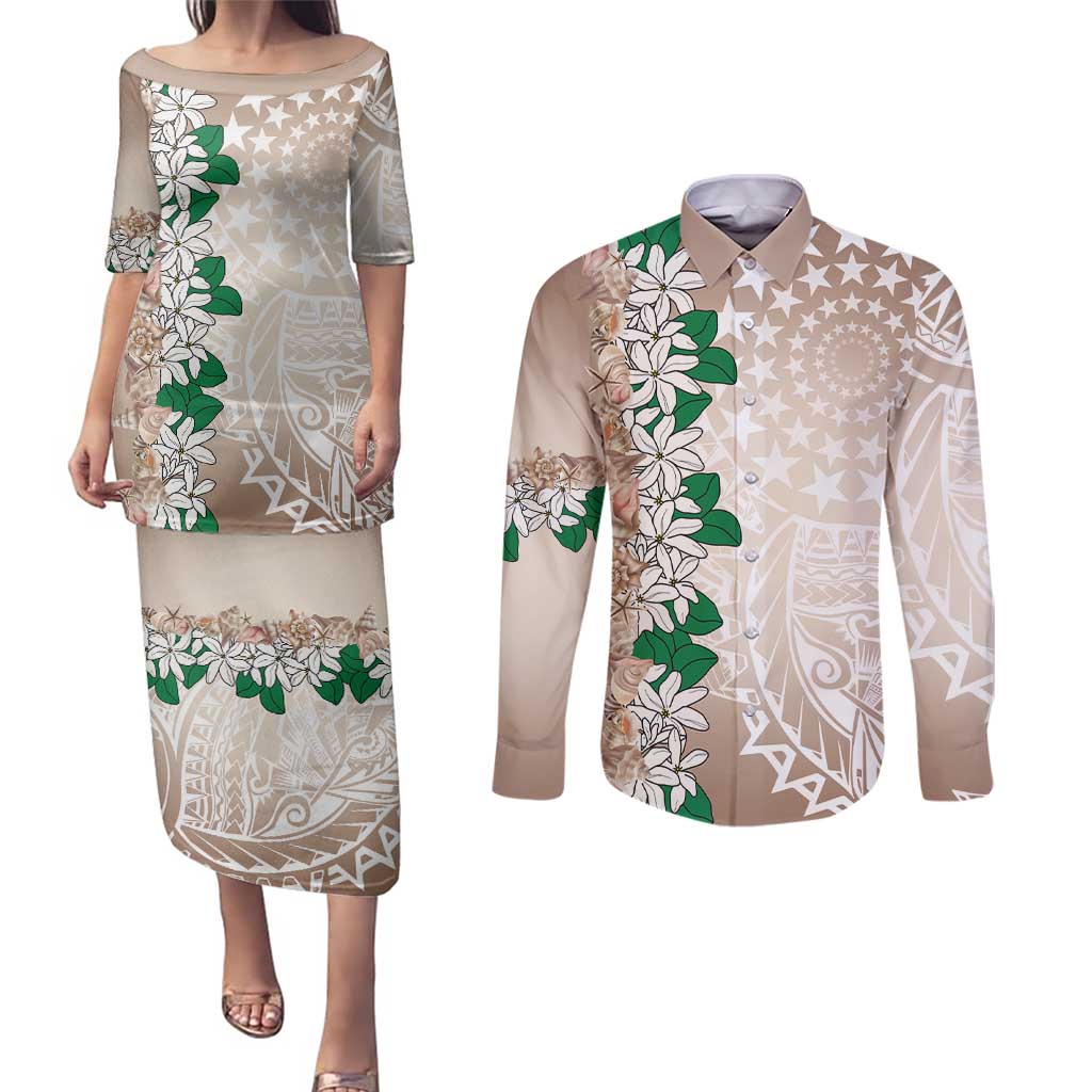 Cook Islands Tiare Maori With Conch Shell Couples Matching Puletasi and Long Sleeve Button Shirt 2025 Pasifika Polynesian Tattoo
