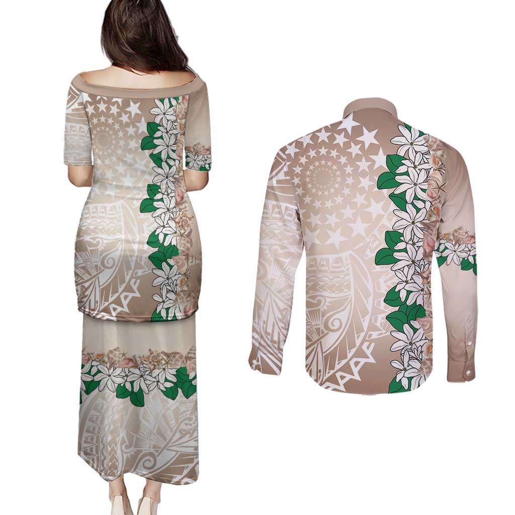 Cook Islands Tiare Maori With Conch Shell Couples Matching Puletasi and Long Sleeve Button Shirt 2025 Pasifika Polynesian Tattoo