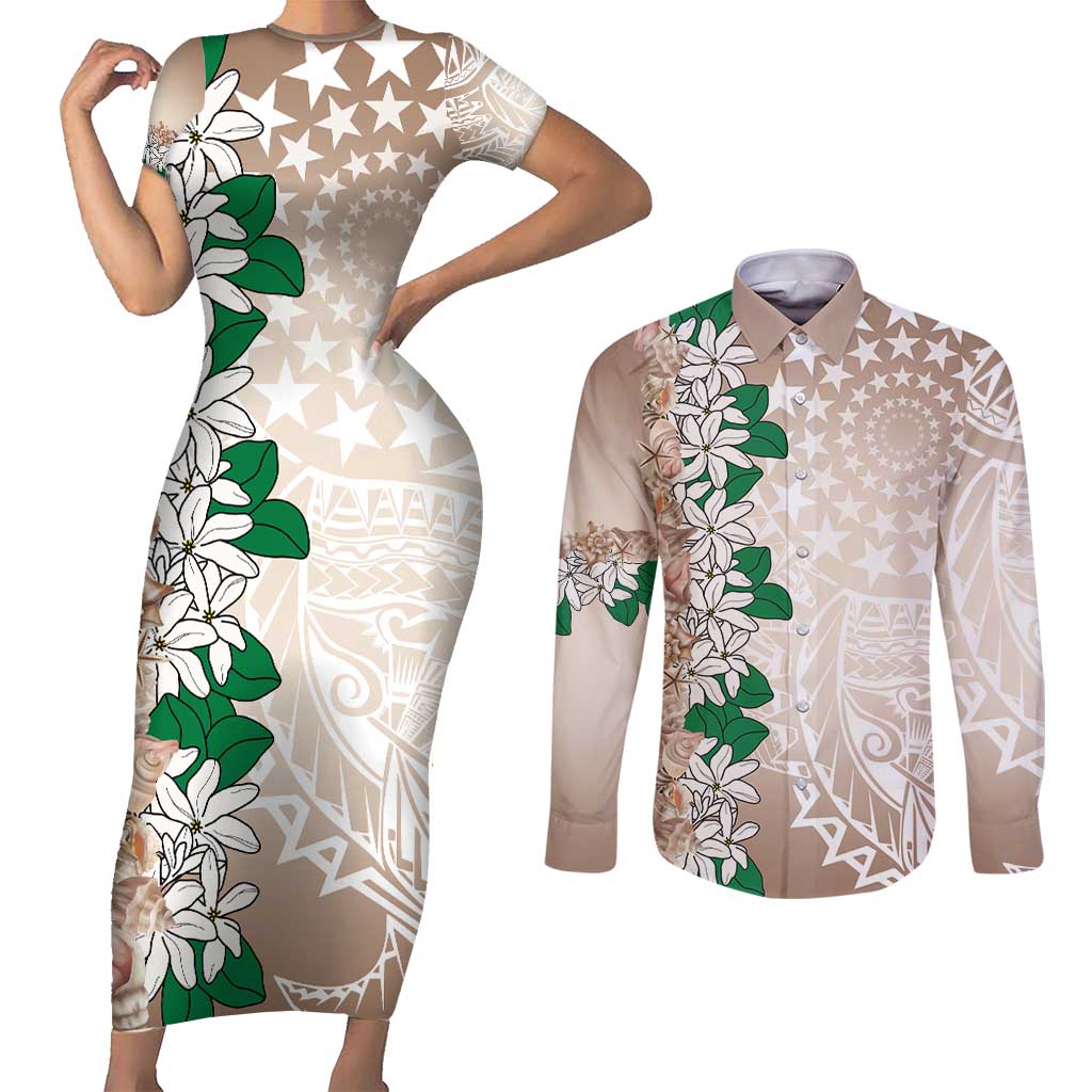 Cook Islands Tiare Maori With Conch Shell Couples Matching Short Sleeve Bodycon Dress and Long Sleeve Button Shirt 2025 Pasifika Polynesian Tattoo