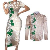 Cook Islands Tiare Maori With Conch Shell Couples Matching Short Sleeve Bodycon Dress and Long Sleeve Button Shirt 2025 Pasifika Polynesian Tattoo