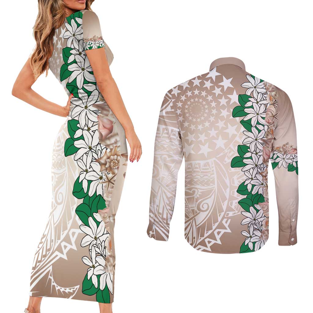 Cook Islands Tiare Maori With Conch Shell Couples Matching Short Sleeve Bodycon Dress and Long Sleeve Button Shirt 2025 Pasifika Polynesian Tattoo
