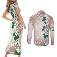 Cook Islands Tiare Maori With Conch Shell Couples Matching Short Sleeve Bodycon Dress and Long Sleeve Button Shirt 2025 Pasifika Polynesian Tattoo