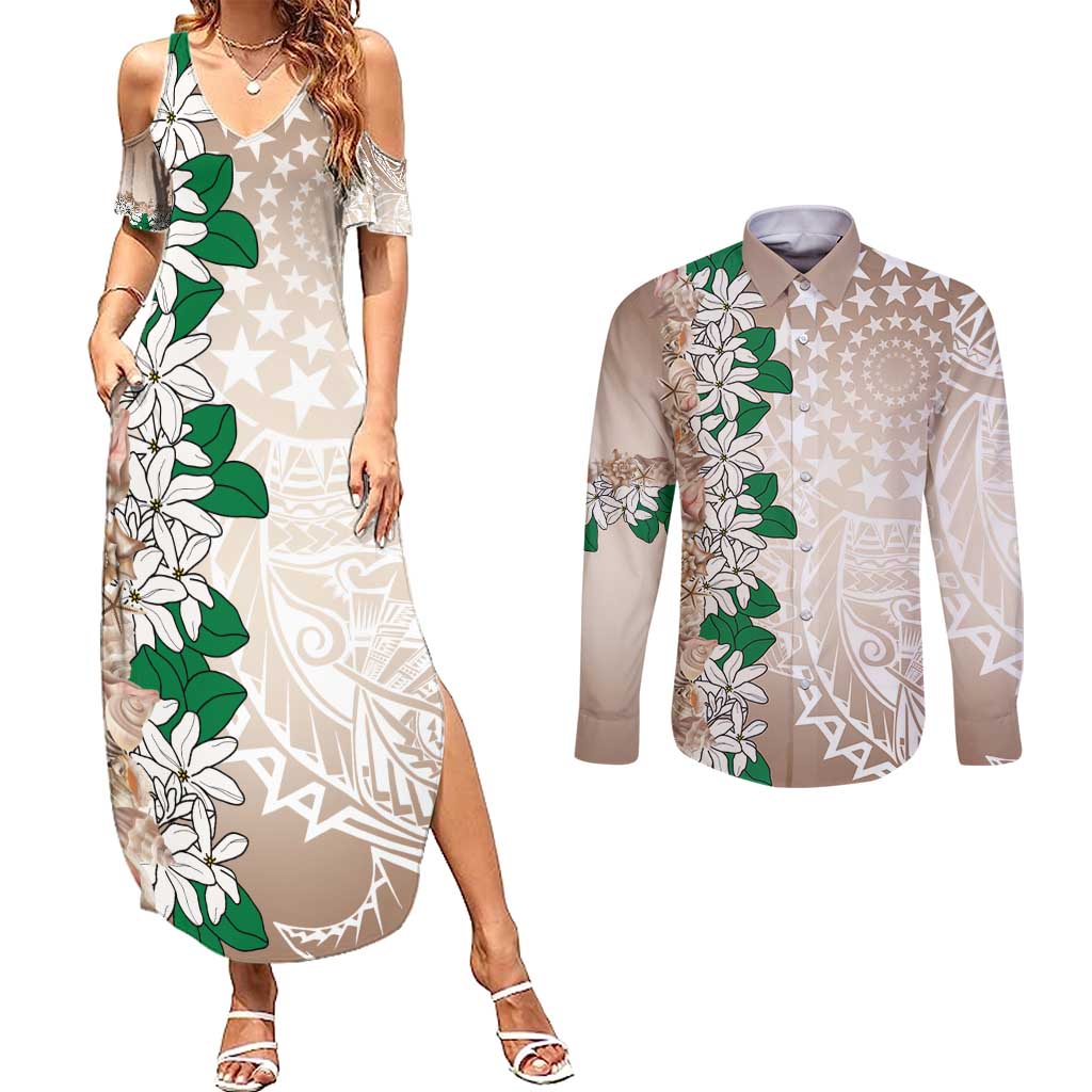Cook Islands Tiare Maori With Conch Shell Couples Matching Summer Maxi Dress and Long Sleeve Button Shirt 2025 Pasifika Polynesian Tattoo