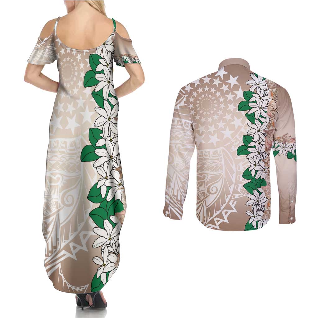 Cook Islands Tiare Maori With Conch Shell Couples Matching Summer Maxi Dress and Long Sleeve Button Shirt 2025 Pasifika Polynesian Tattoo