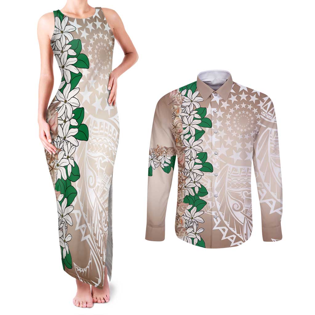 Cook Islands Tiare Maori With Conch Shell Couples Matching Tank Maxi Dress and Long Sleeve Button Shirt 2025 Pasifika Polynesian Tattoo