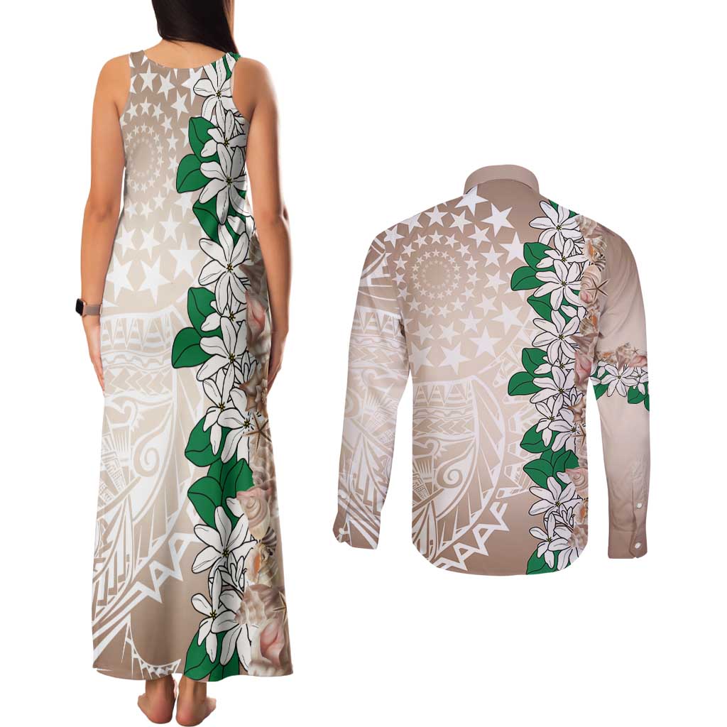 Cook Islands Tiare Maori With Conch Shell Couples Matching Tank Maxi Dress and Long Sleeve Button Shirt 2025 Pasifika Polynesian Tattoo