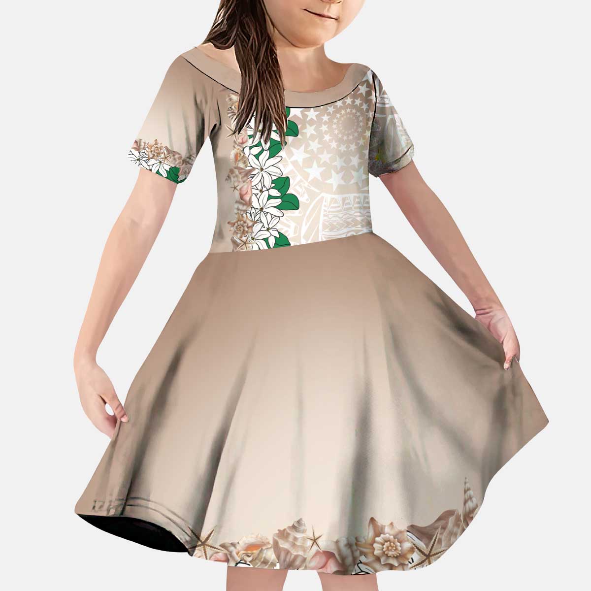 Cook Islands Tiare Maori With Conch Shell Kid Short Sleeve Dress 2025 Pasifika Polynesian Tattoo