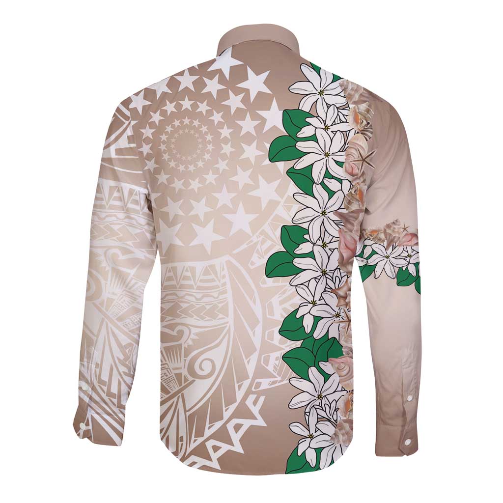 Cook Islands Tiare Maori With Conch Shell Long Sleeve Button Shirt 2025 Pasifika Polynesian Tattoo