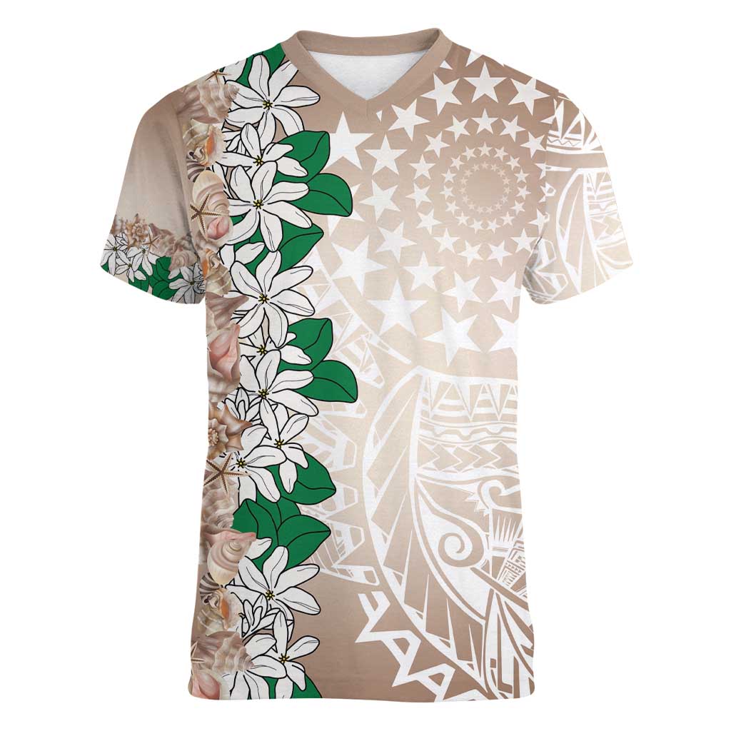 Cook Islands Tiare Maori With Conch Shell Women V-Neck T-Shirt 2025 Pasifika Polynesian Tattoo