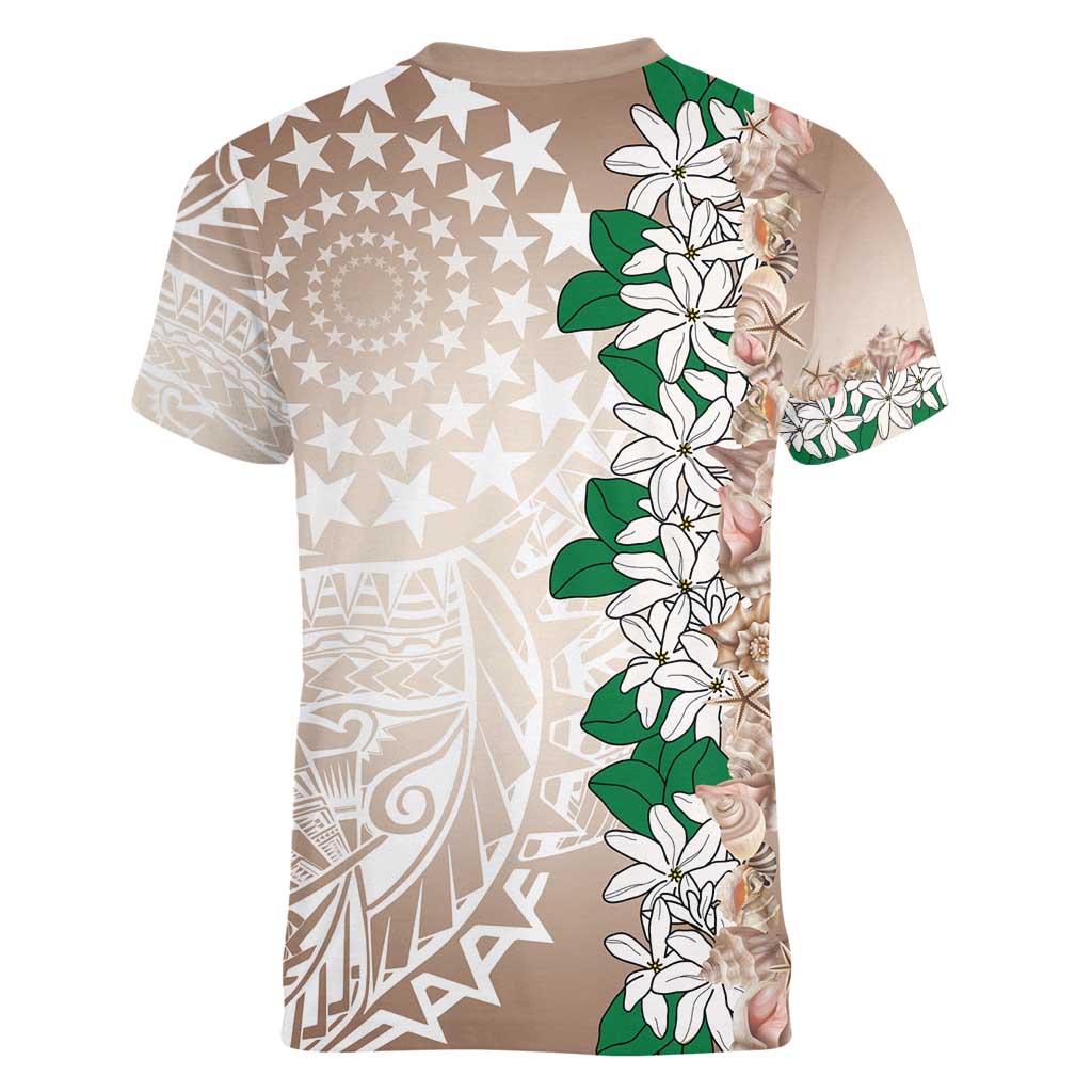 Cook Islands Tiare Maori With Conch Shell Women V-Neck T-Shirt 2025 Pasifika Polynesian Tattoo
