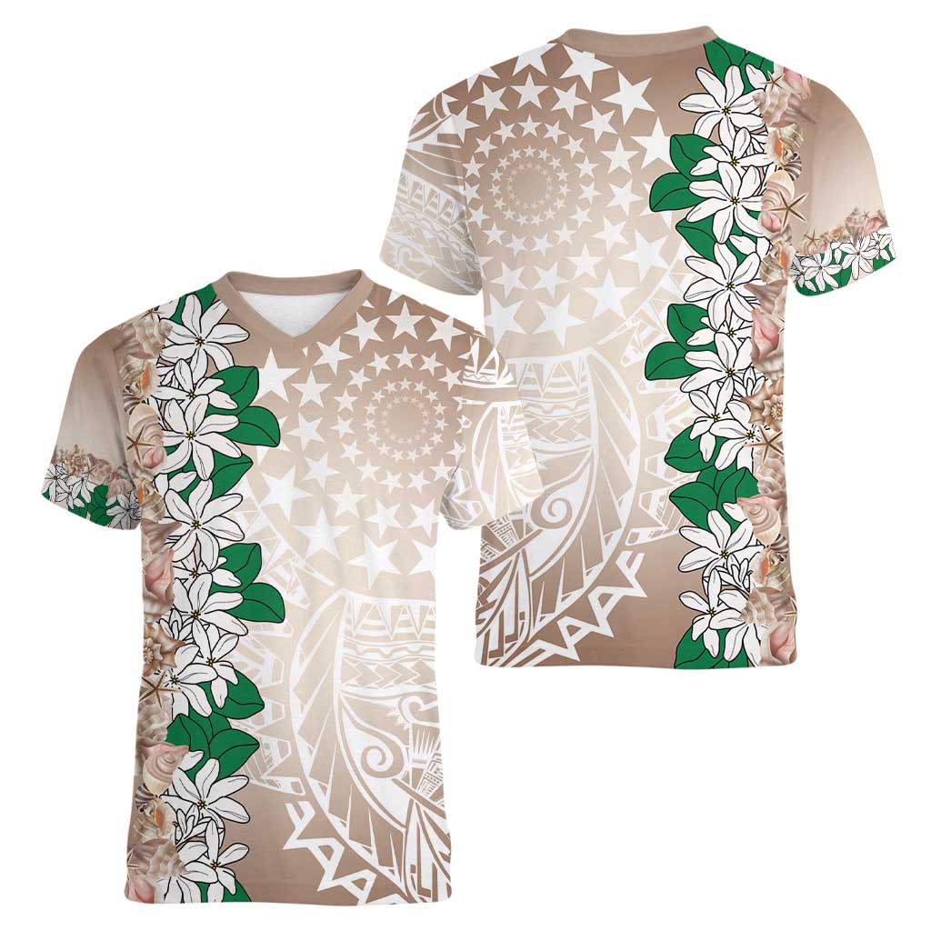 Cook Islands Tiare Maori With Conch Shell Women V-Neck T-Shirt 2025 Pasifika Polynesian Tattoo