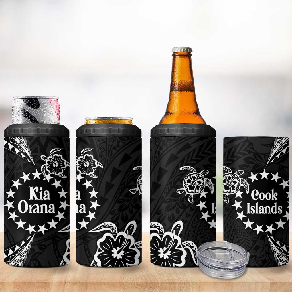 Kia Orana Cook Islands 4 in 1 Can Cooler Tumbler 2025 Pasifika Polynesian Turtle Black Color