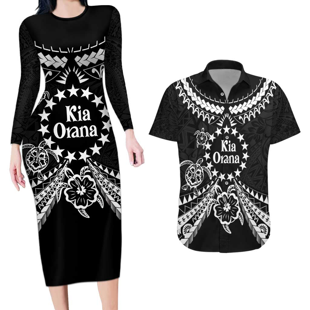 Kia Orana Cook Islands Couples Matching Long Sleeve Bodycon Dress and Hawaiian Shirt 2025 Pasifika Polynesian Turtle Black Color