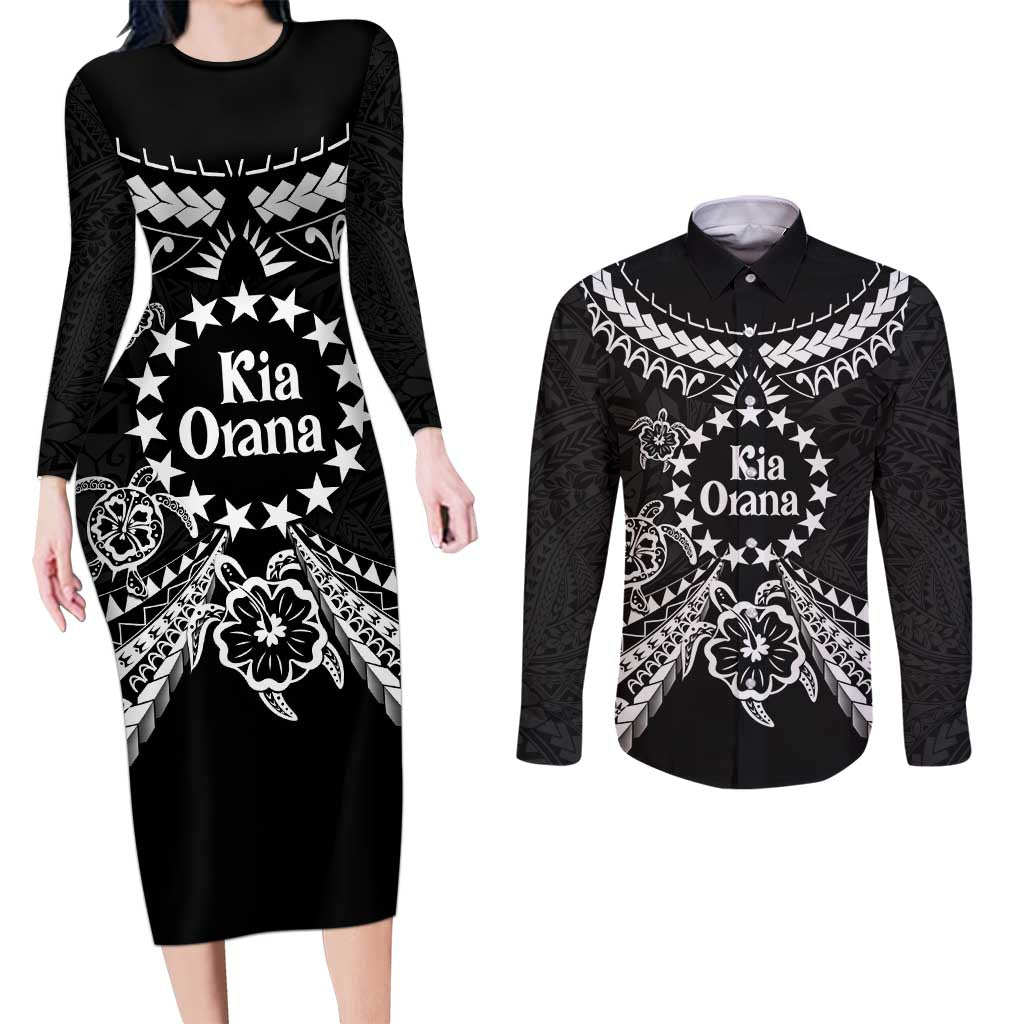 Kia Orana Cook Islands Couples Matching Long Sleeve Bodycon Dress and Long Sleeve Button Shirt 2025 Pasifika Polynesian Turtle Black Color
