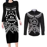 Kia Orana Cook Islands Couples Matching Long Sleeve Bodycon Dress and Long Sleeve Button Shirt 2025 Pasifika Polynesian Turtle Black Color