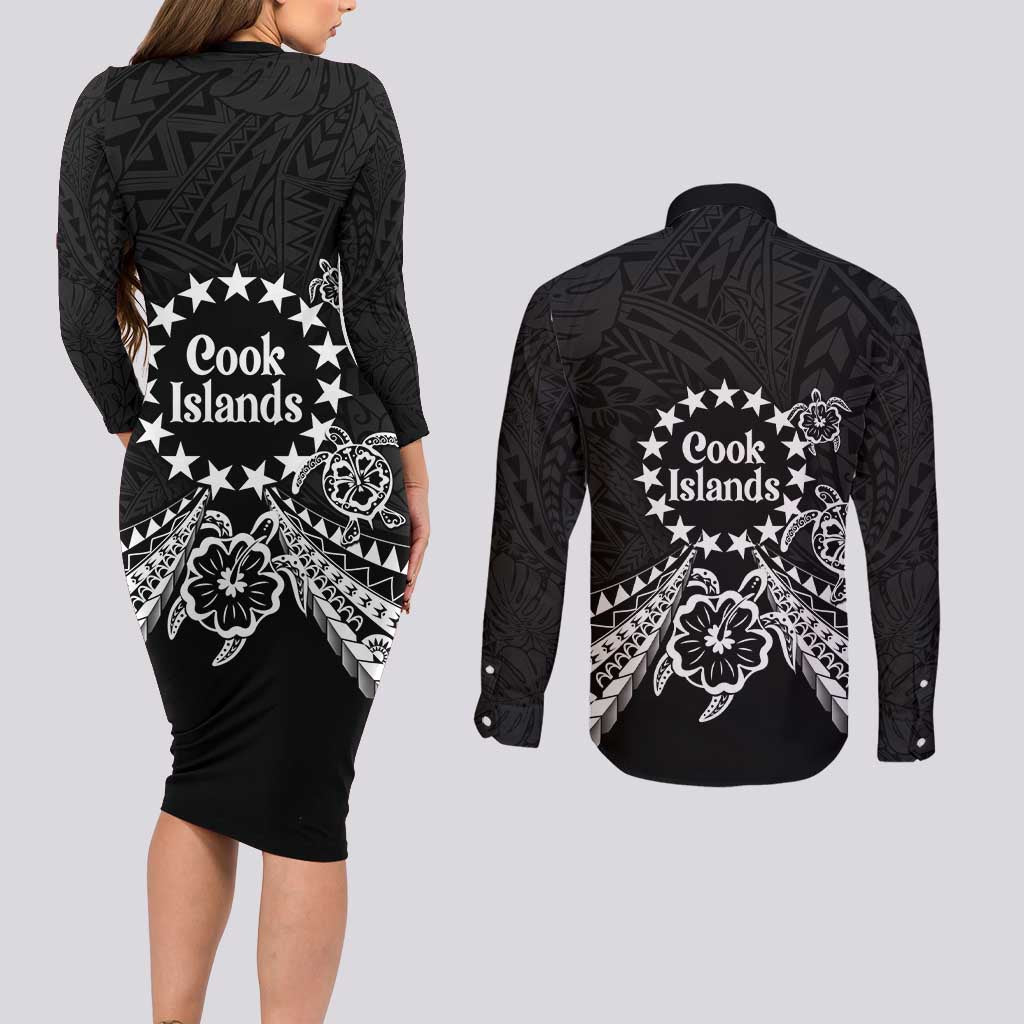 Kia Orana Cook Islands Couples Matching Long Sleeve Bodycon Dress and Long Sleeve Button Shirt 2025 Pasifika Polynesian Turtle Black Color