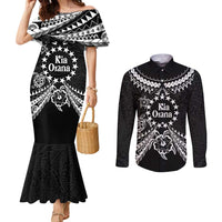 Kia Orana Cook Islands Couples Matching Mermaid Dress and Long Sleeve Button Shirt 2025 Pasifika Polynesian Turtle Black Color