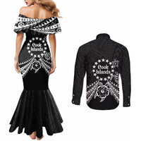 Kia Orana Cook Islands Couples Matching Mermaid Dress and Long Sleeve Button Shirt 2025 Pasifika Polynesian Turtle Black Color