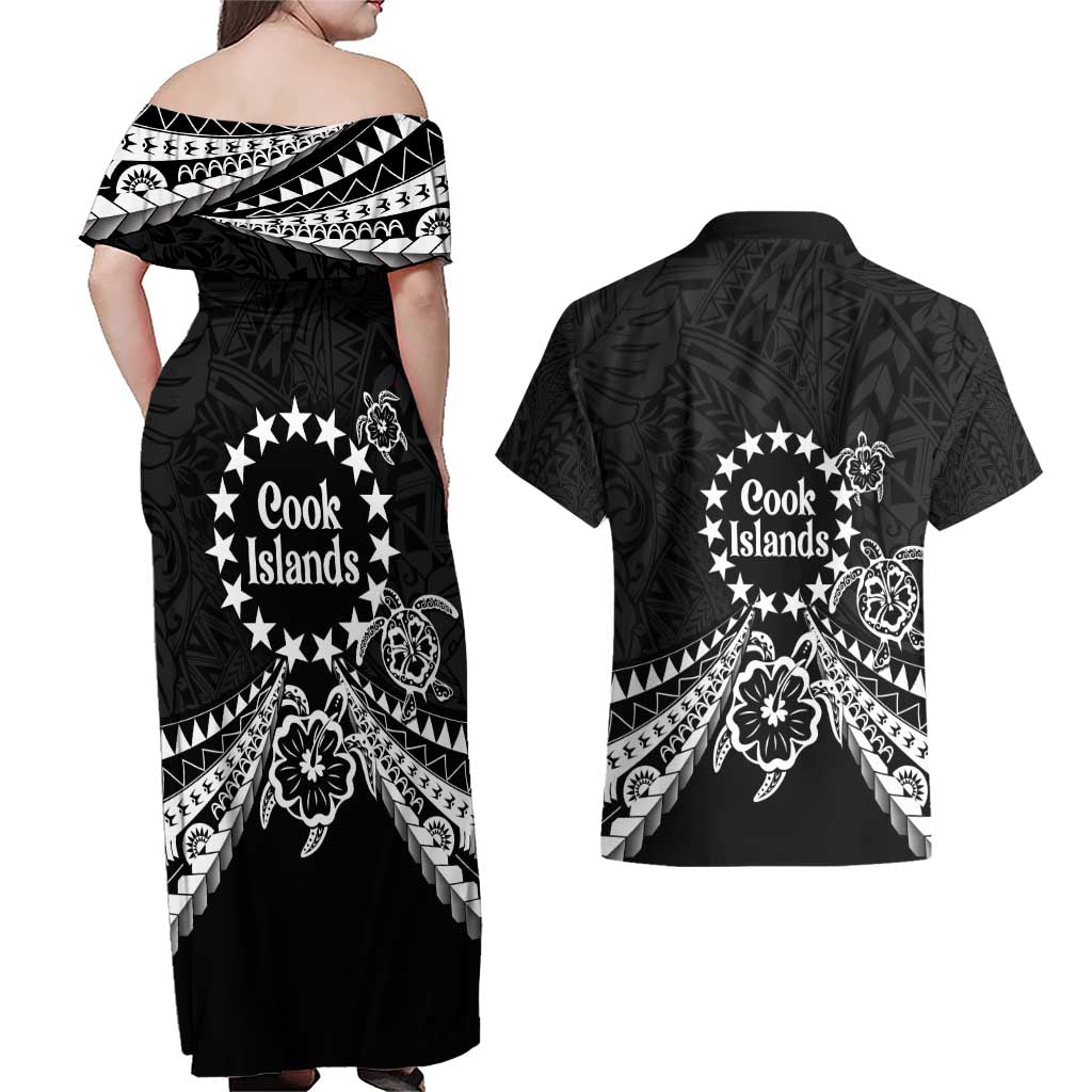 Kia Orana Cook Islands Couples Matching Off Shoulder Maxi Dress and Hawaiian Shirt 2025 Pasifika Polynesian Turtle Black Color