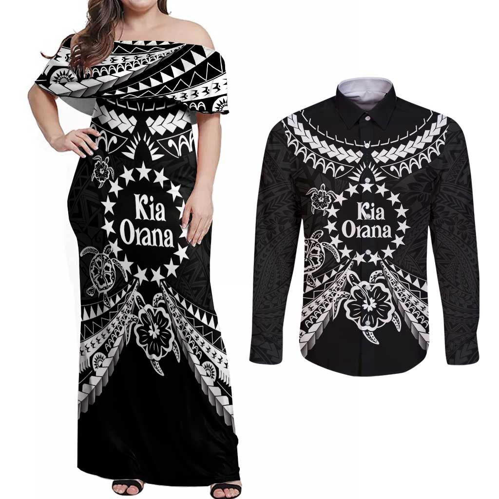 Kia Orana Cook Islands Couples Matching Off Shoulder Maxi Dress and Long Sleeve Button Shirt 2025 Pasifika Polynesian Turtle Black Color