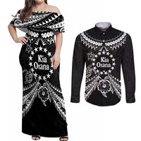 Kia Orana Cook Islands Couples Matching Off Shoulder Maxi Dress and Long Sleeve Button Shirt 2025 Pasifika Polynesian Turtle Black Color
