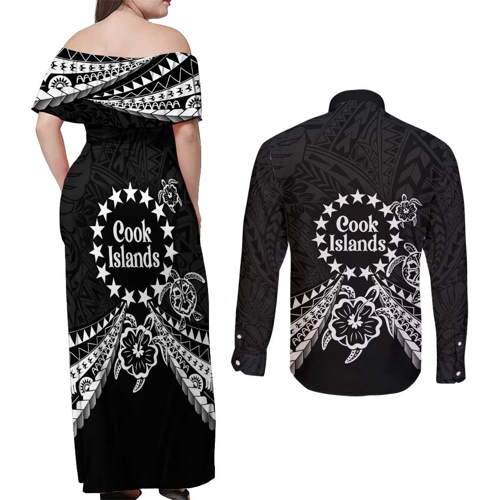 Kia Orana Cook Islands Couples Matching Off Shoulder Maxi Dress and Long Sleeve Button Shirt 2025 Pasifika Polynesian Turtle Black Color