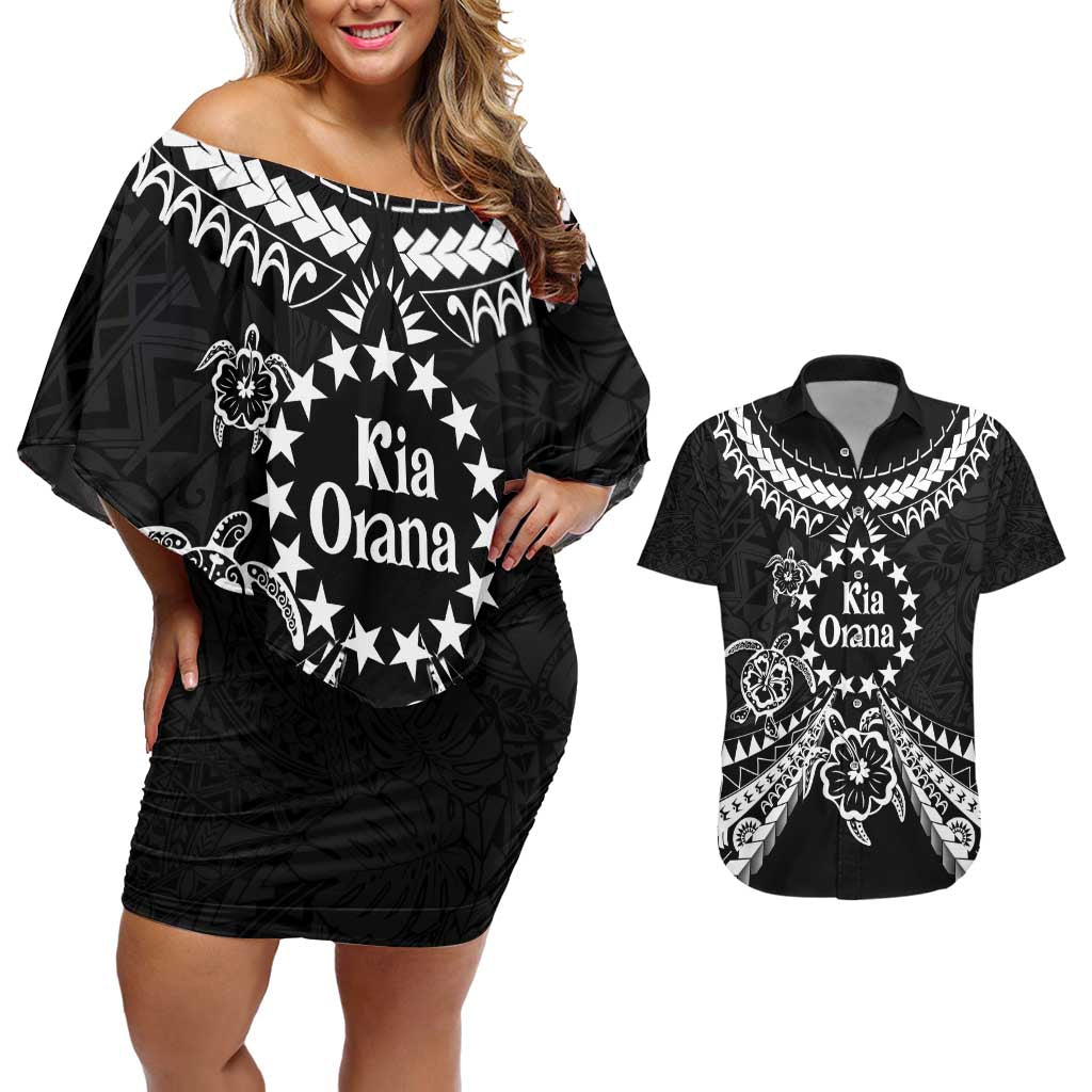 Kia Orana Cook Islands Couples Matching Off Shoulder Short Dress and Hawaiian Shirt 2025 Pasifika Polynesian Turtle Black Color